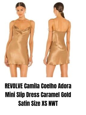 REVOLVE Camila Coelho Adora Mini Slip Dress Caramel Gold Satin Size XS NWT